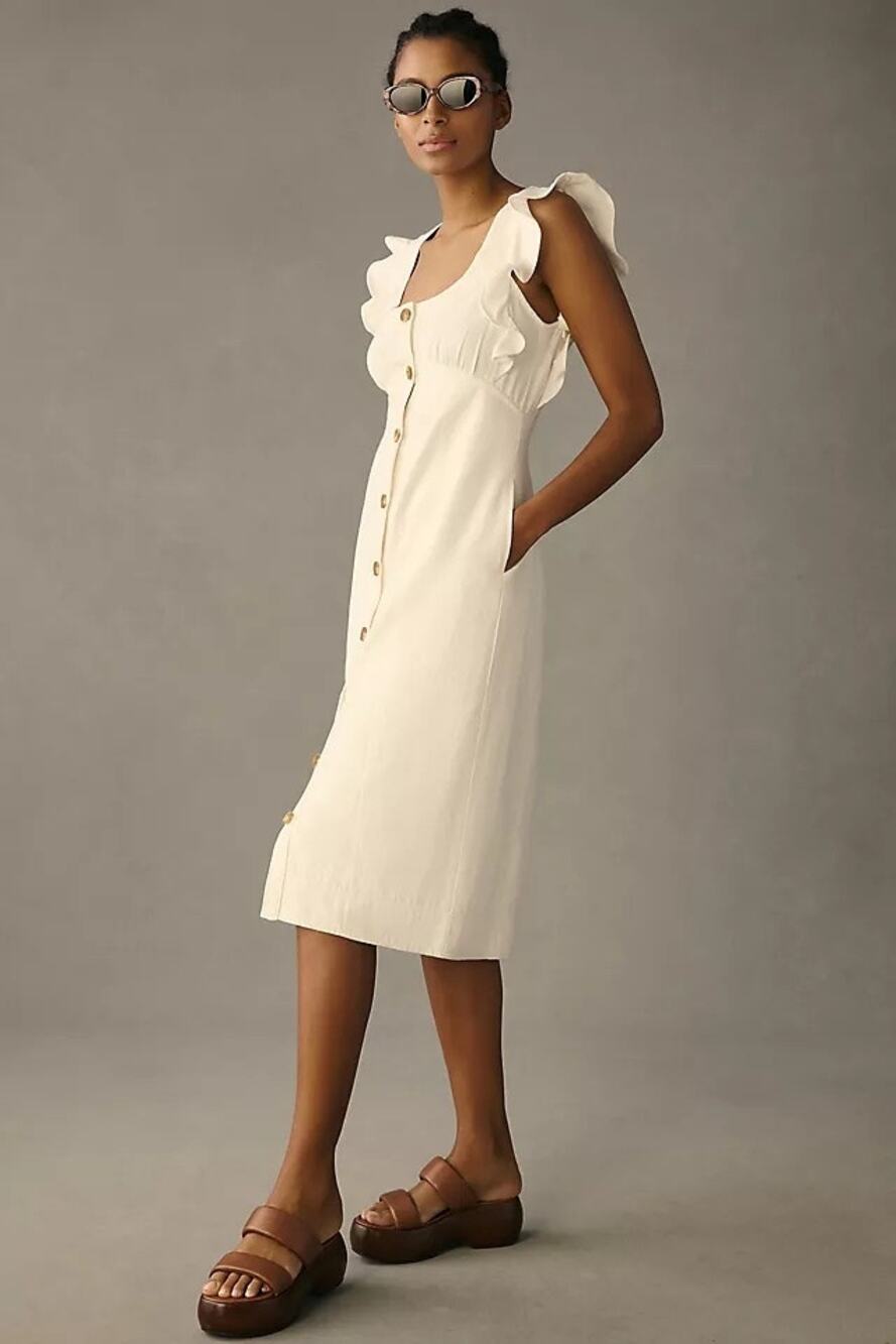 Pilcro Anthropologie Ruffled Scoop Neck Button Down Linen Midi Dress 2